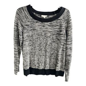 Eileen Fisher Melange Twist Knit Linen Blend Boat Neck Sweater Black/White M‎